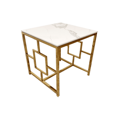 Geo Gold Lamp Table With Polar White Sintered Stone Top - Modern Geometric Design - 55Cm Square - UK Luxury Furniture